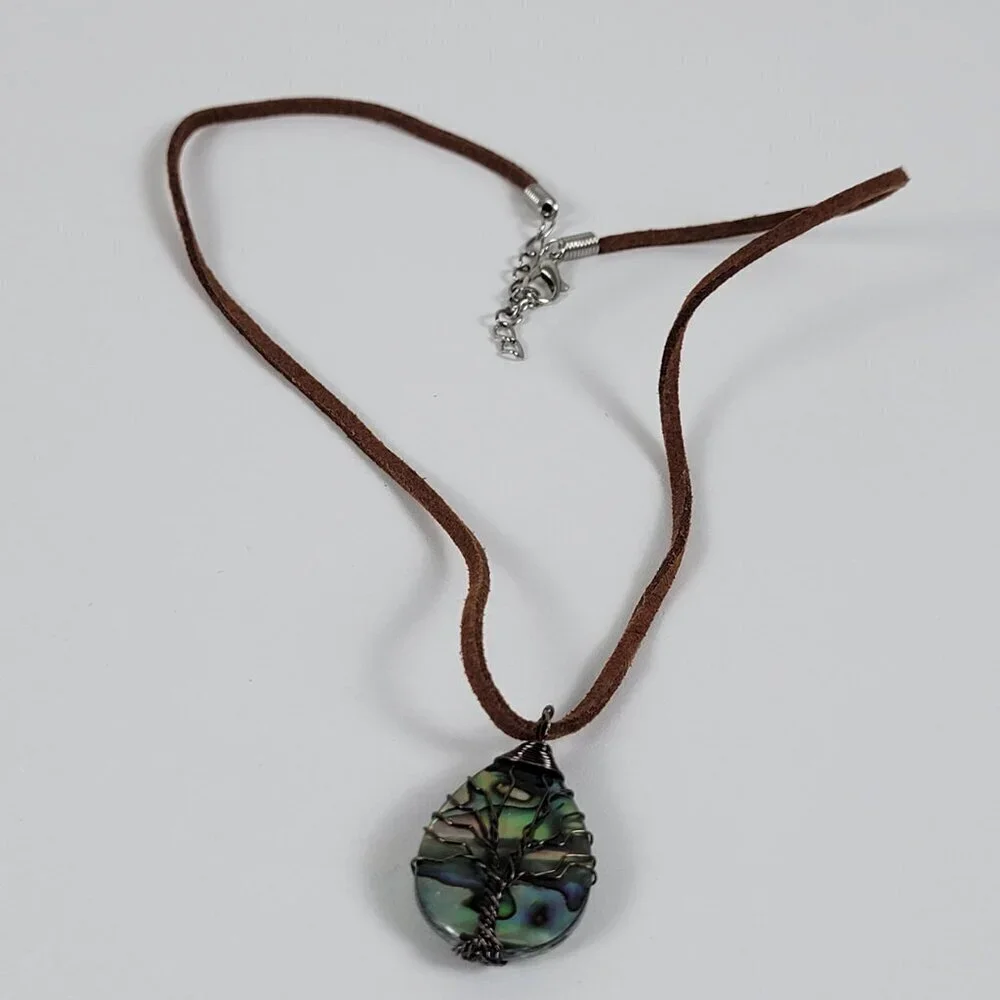 Mother Of Pearl Tree Of Life Pendant Cord Necklace 20 In Wire Wrapped Boho
